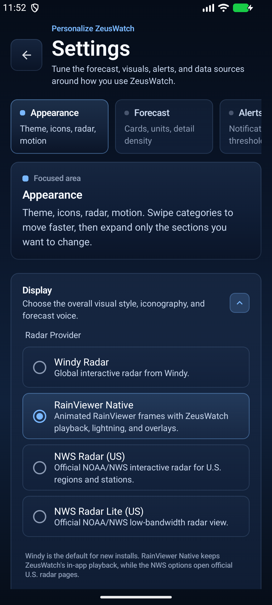 ZeusWatch Settings screen with refined category cards