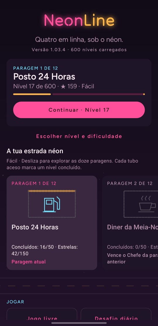 NeonLine home screen with the current stop and the neon road