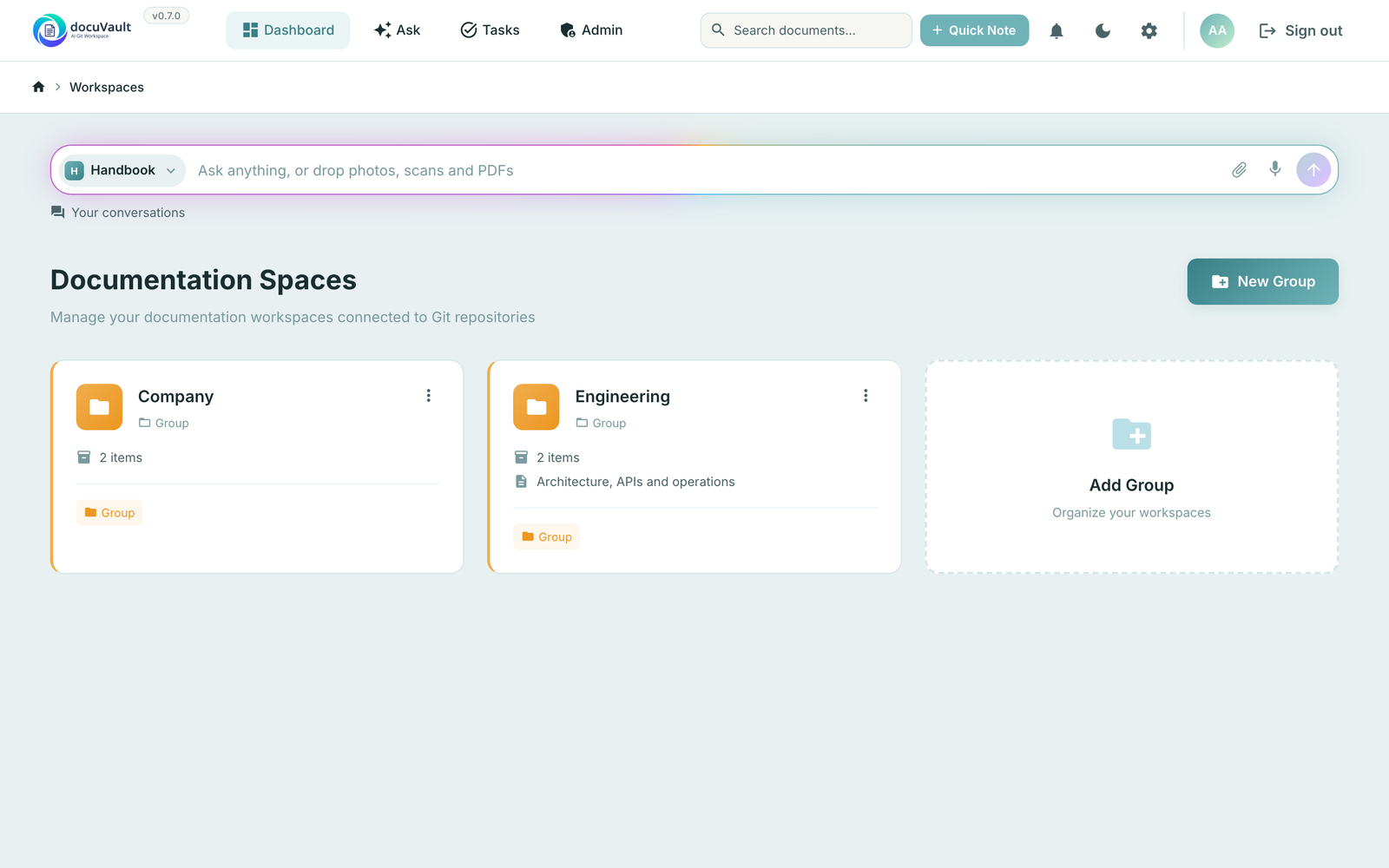Dashboard with the groups Company and Engineering