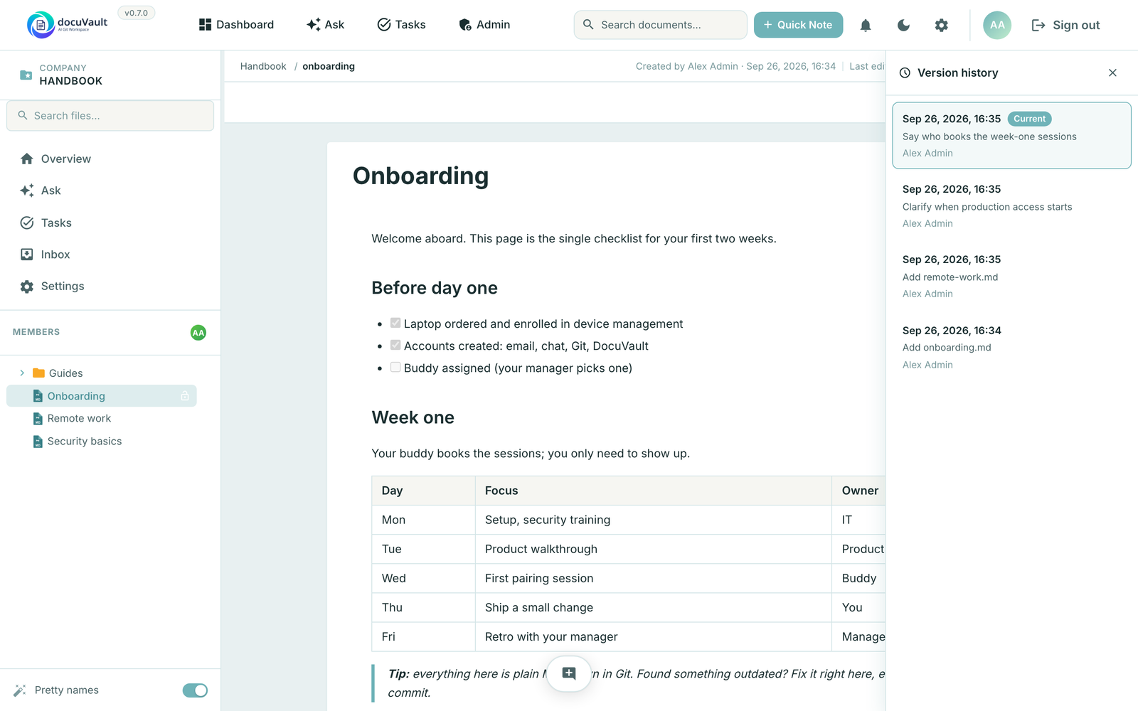 Version history panel listing the commits of a document