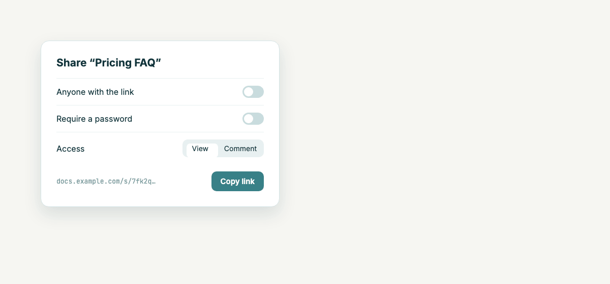 Share dialog and the password-protected shared page