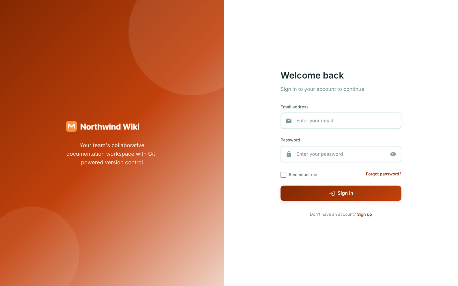Sign-in page in a custom orange brand named Northwind Wiki