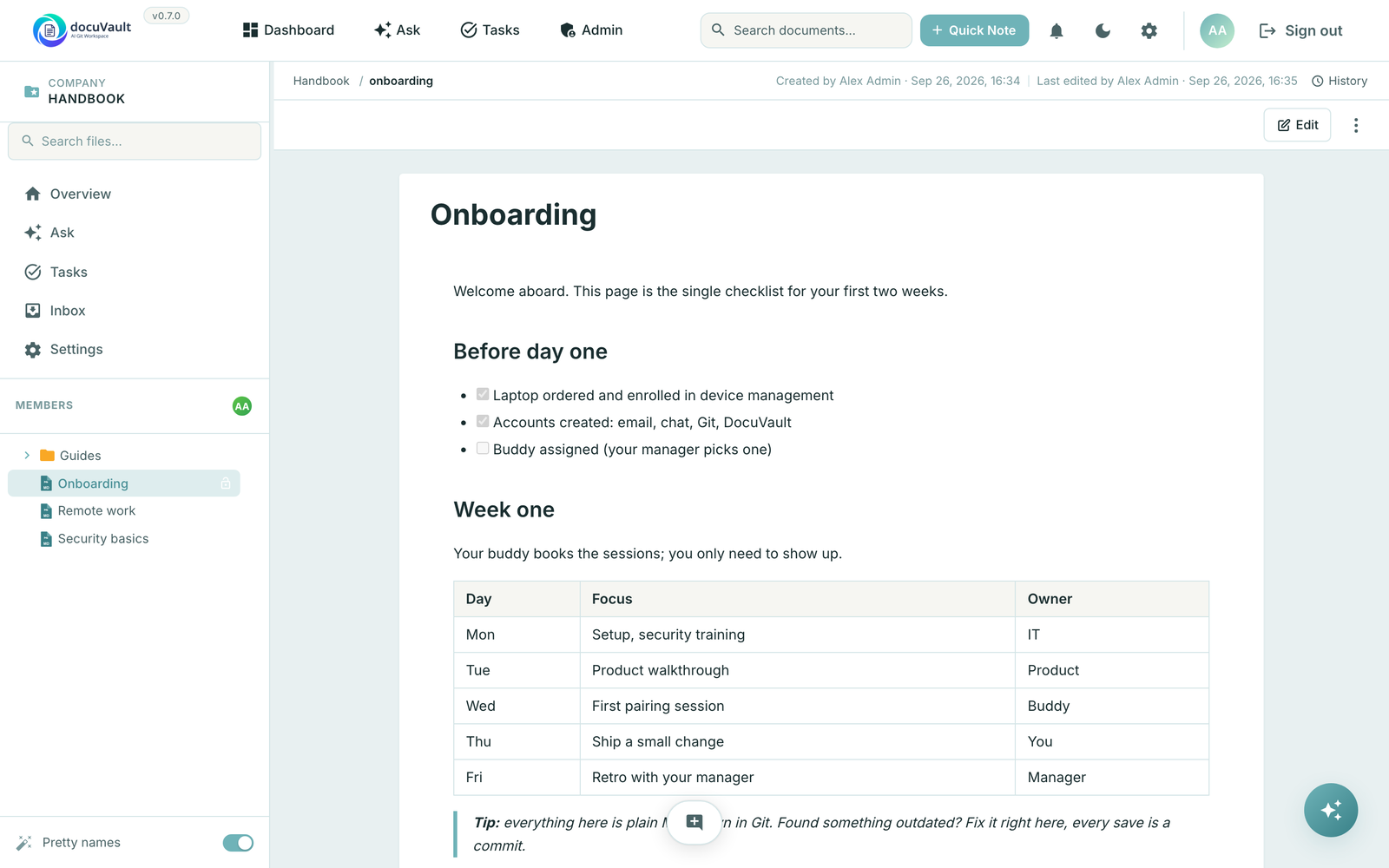 A Markdown document with a checklist and a table in the DocuVault web UI