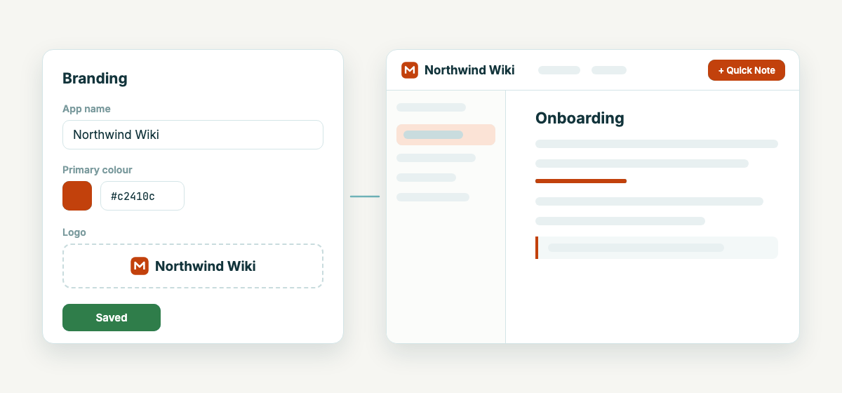 Branding settings on the left, the app in the new name and colour on the right