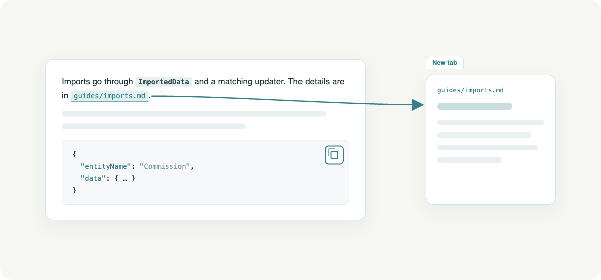 An answer with a linked document path and a code block with a copy button, the linked document opening in a new tab