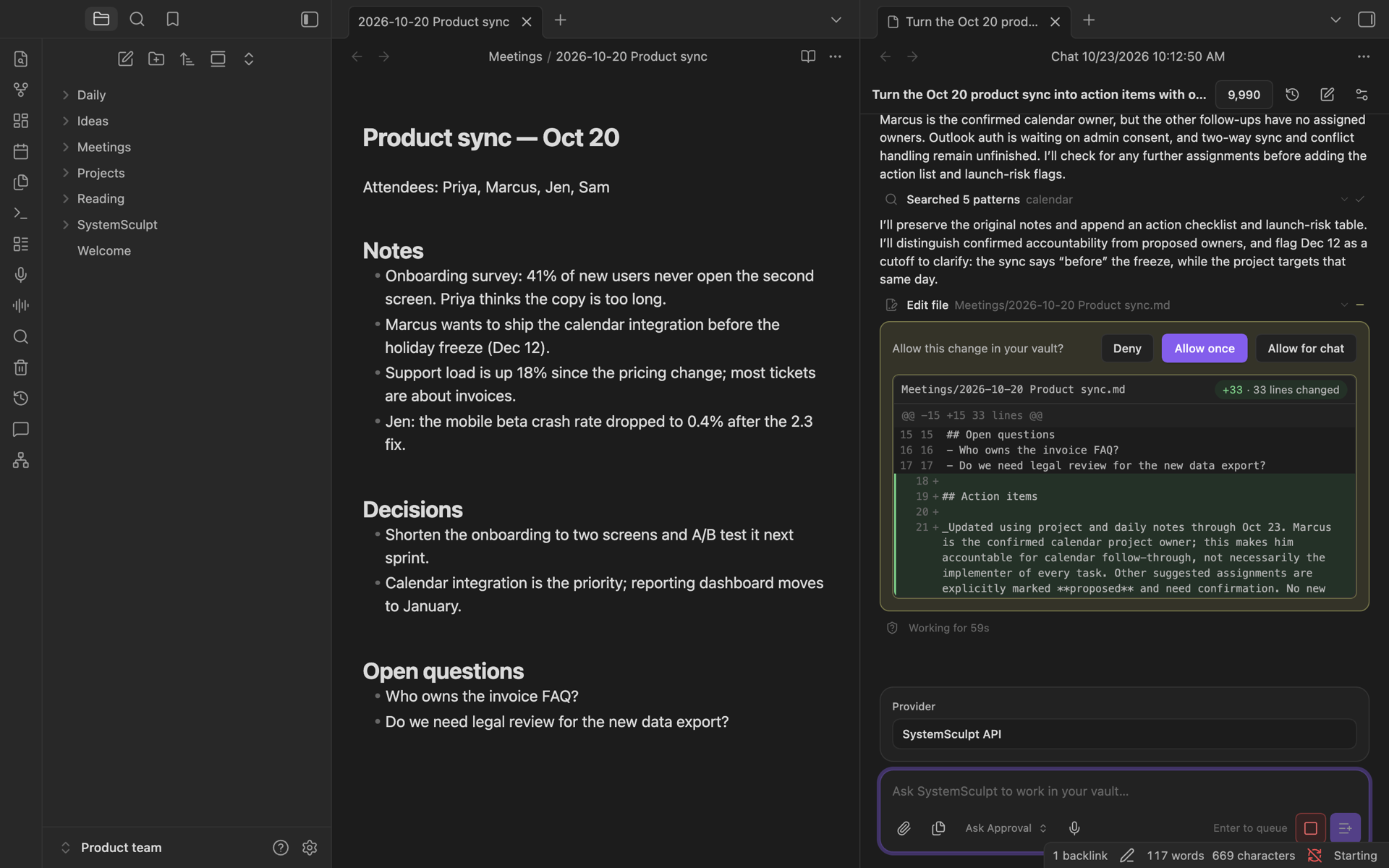 An example of SystemSculpt asking before a note edit in Ask mode and showing the exact change