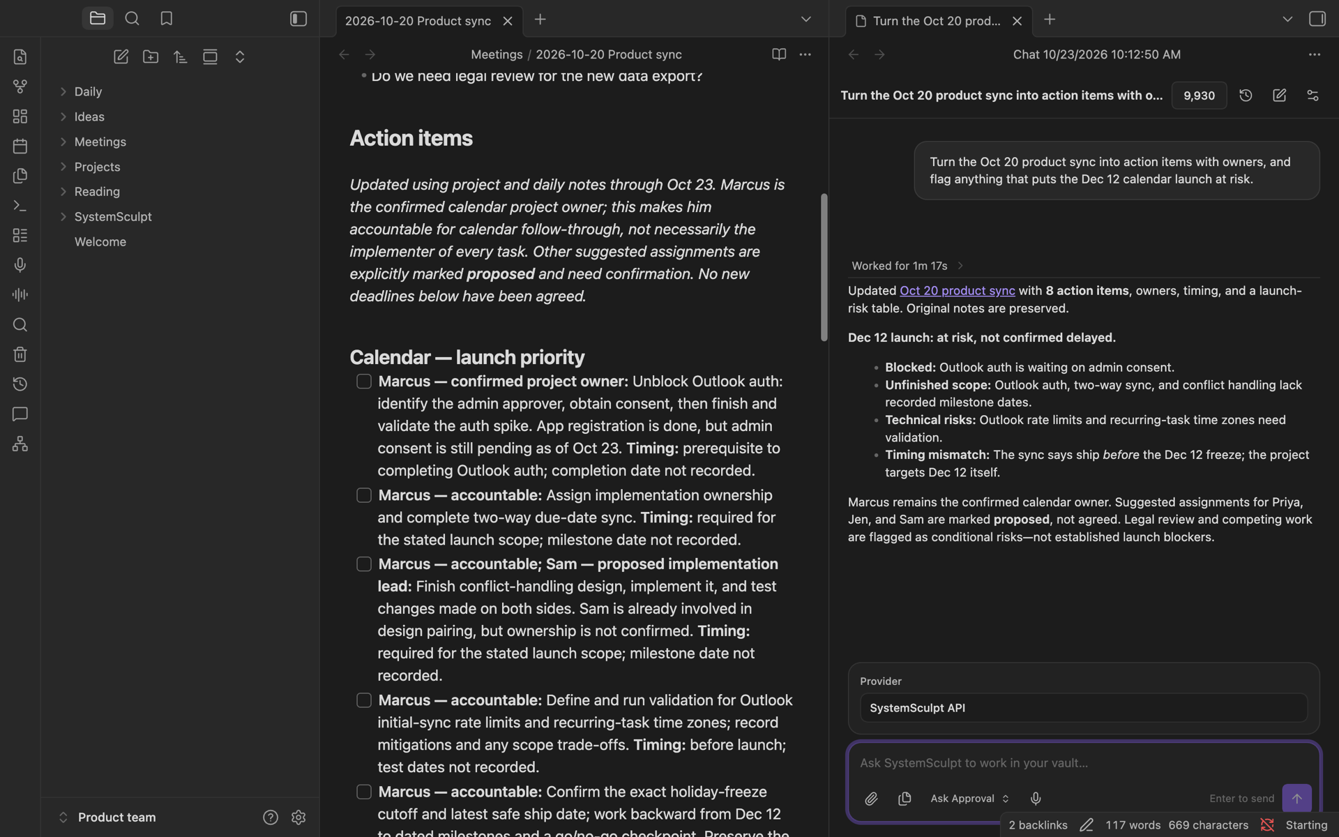 The finished action items next to the chat summary