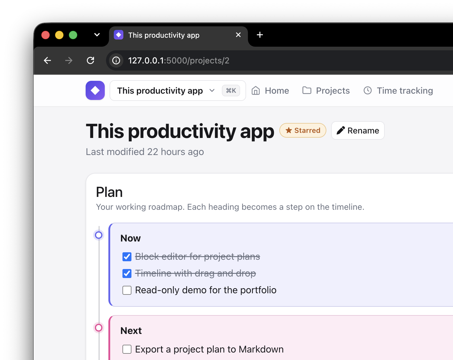 The project view: a Markdown plan rendered as colour-coded, checkable sections