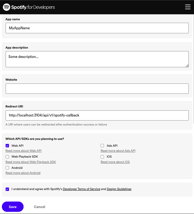 Spotify App Creation Screenshot