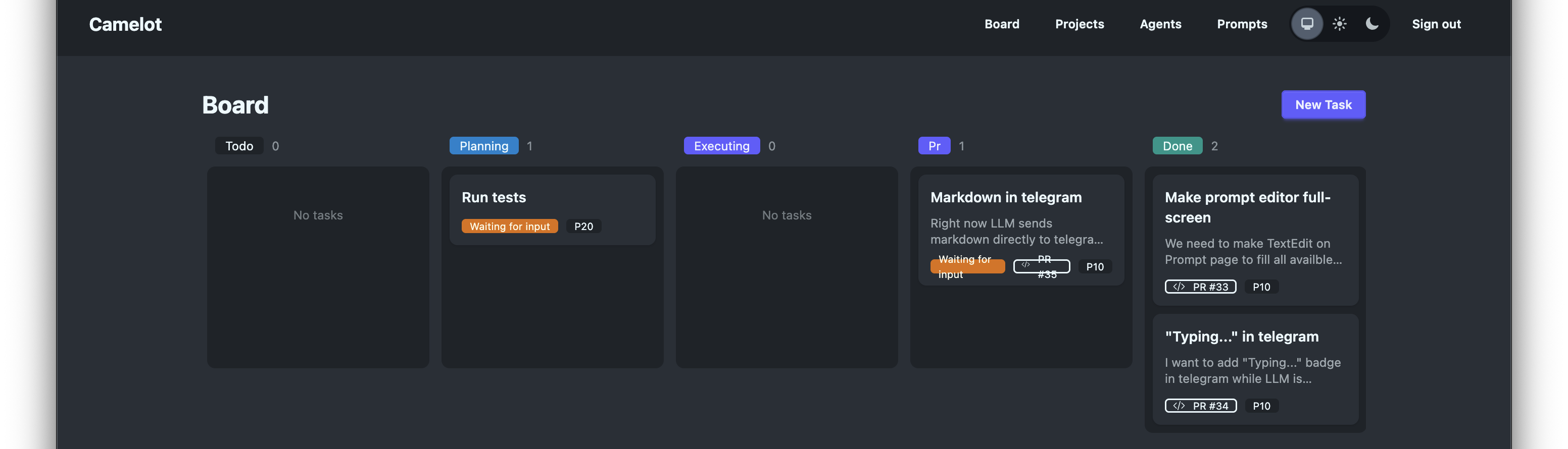 Camelot AI kanban board