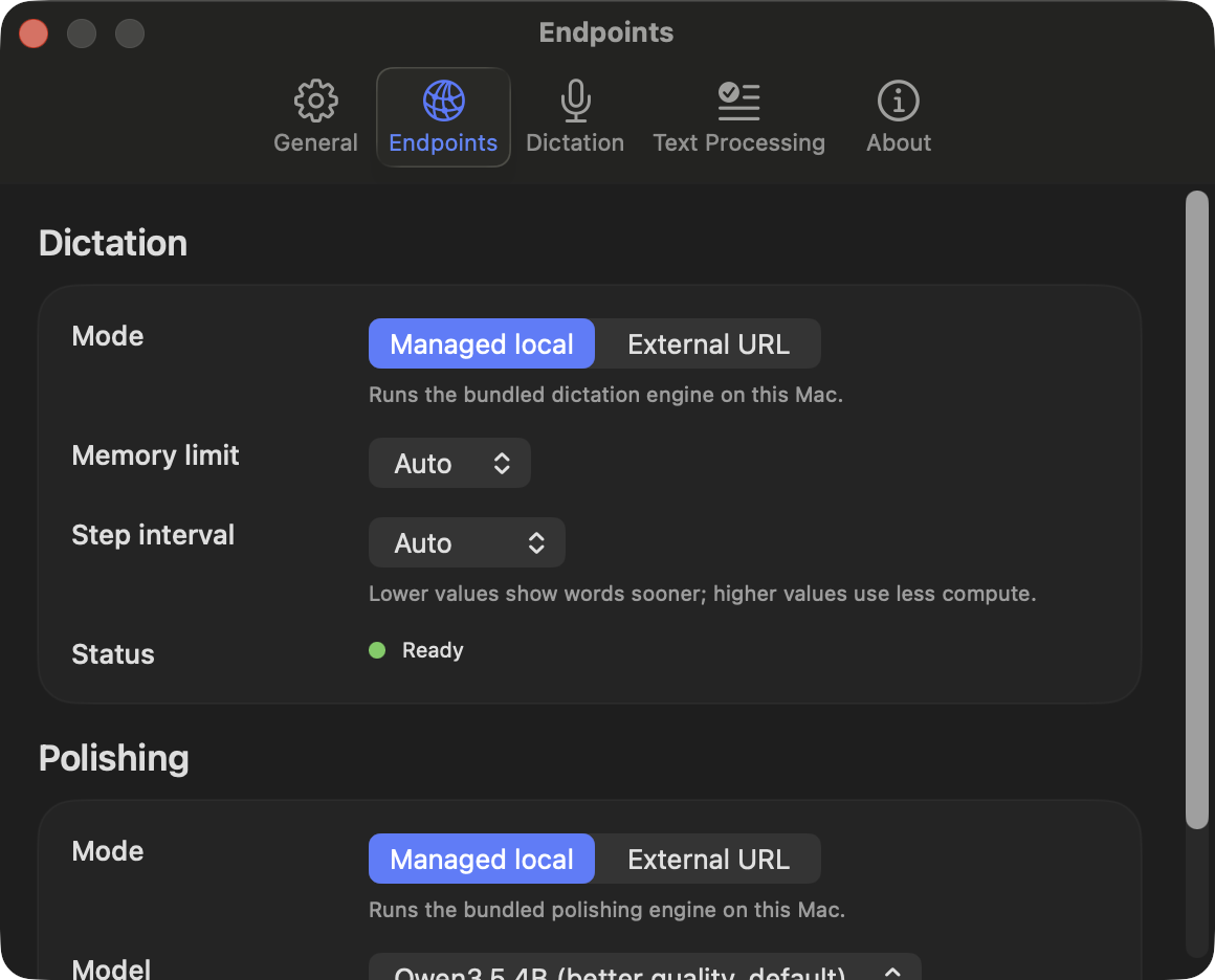 localvoxtral endpoints settings