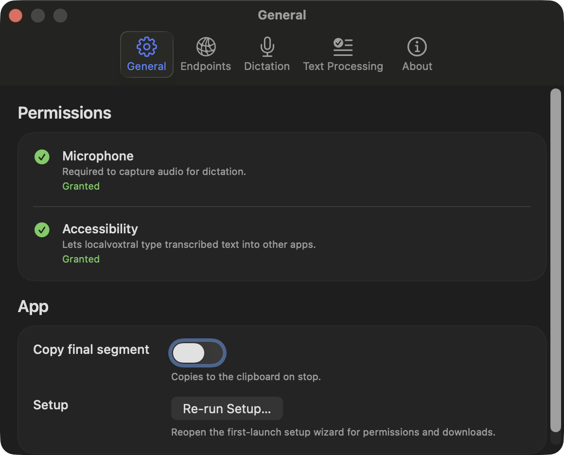 localvoxtral general settings