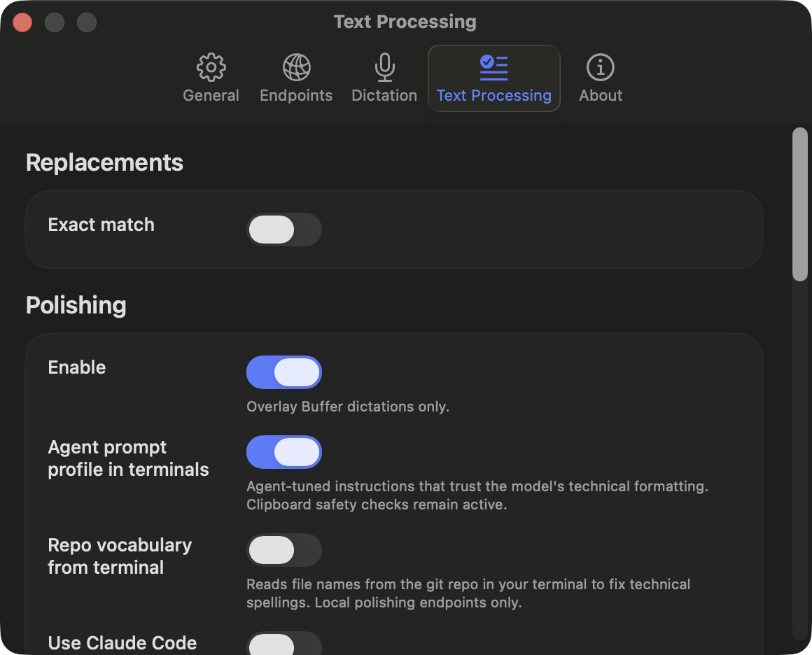 localvoxtral text processing settings