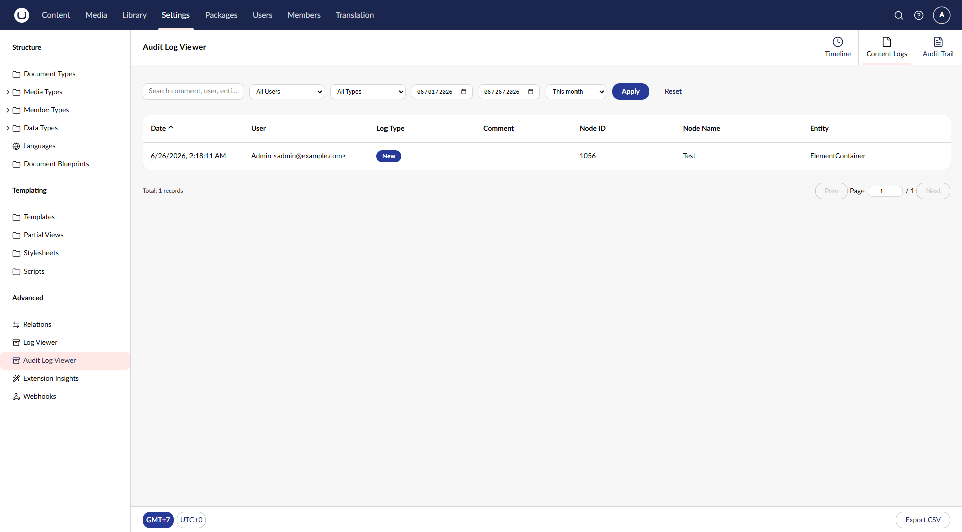 Umbraco content log viewer