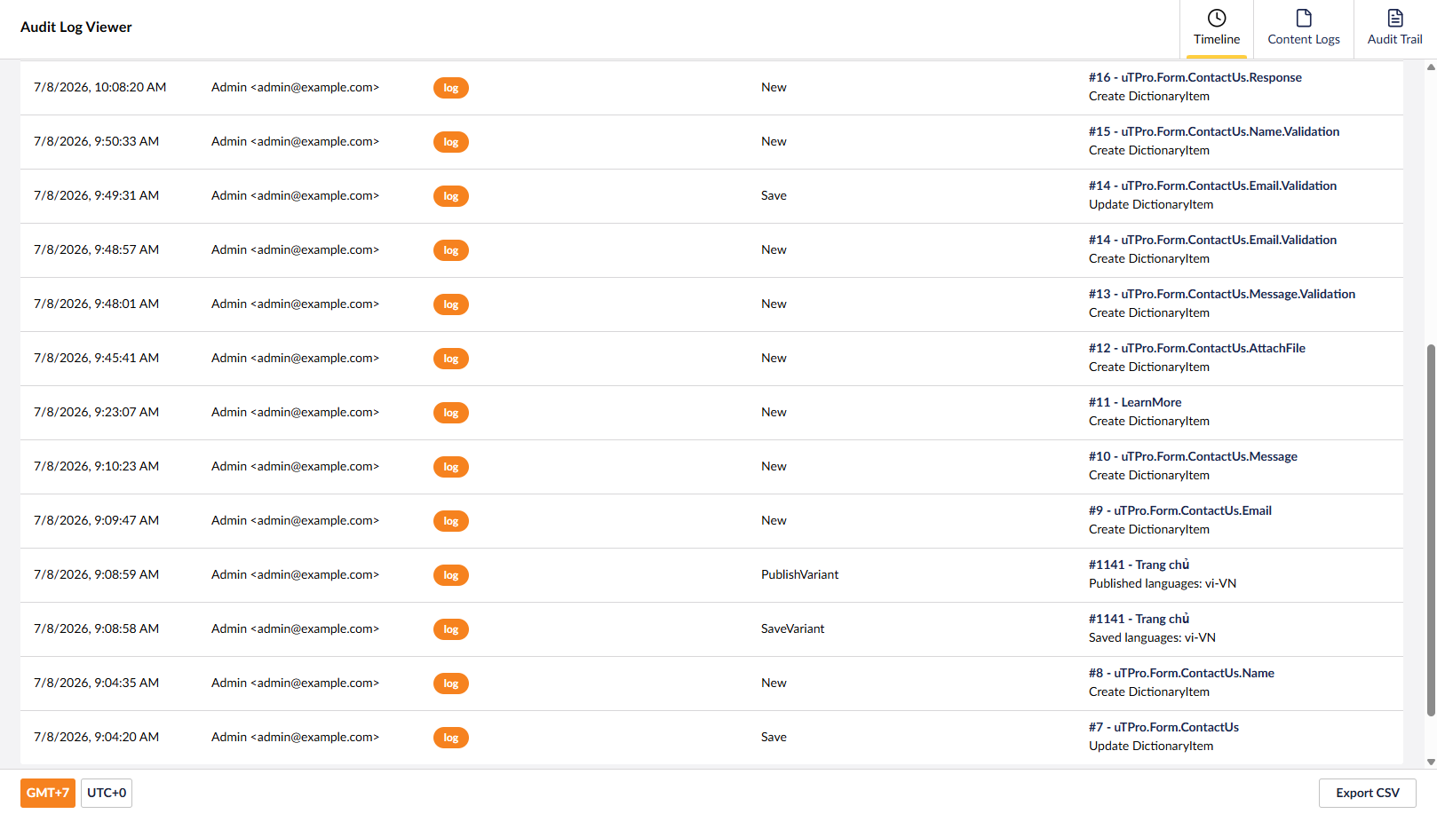 Umbraco audit log - dictionary item entry linking directly to its editor