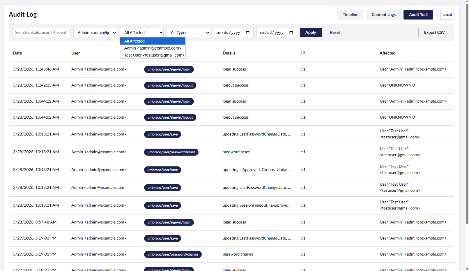 Filter audit log
