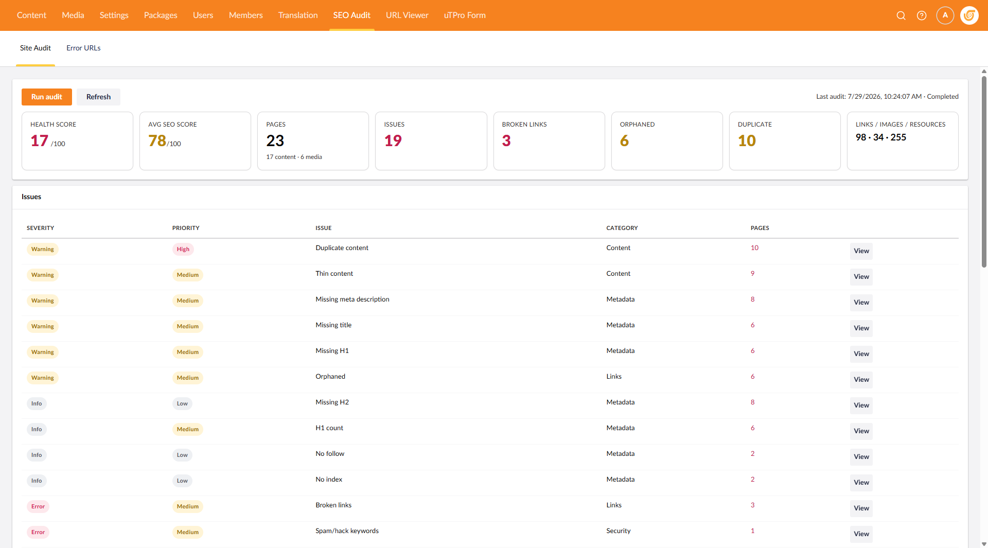 uTPro SEO Audit — Site Audit view