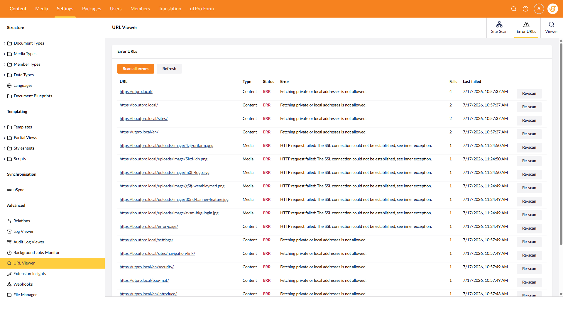 Error URLs view