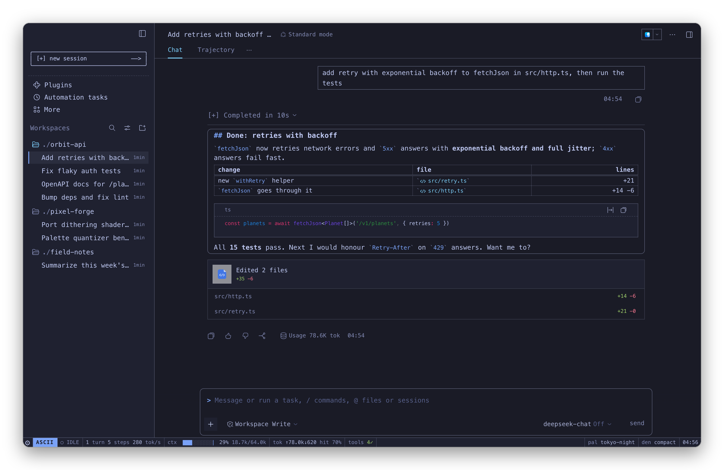 A session in tokyo-night: an answer with a table and code, the changed-files card and the status line