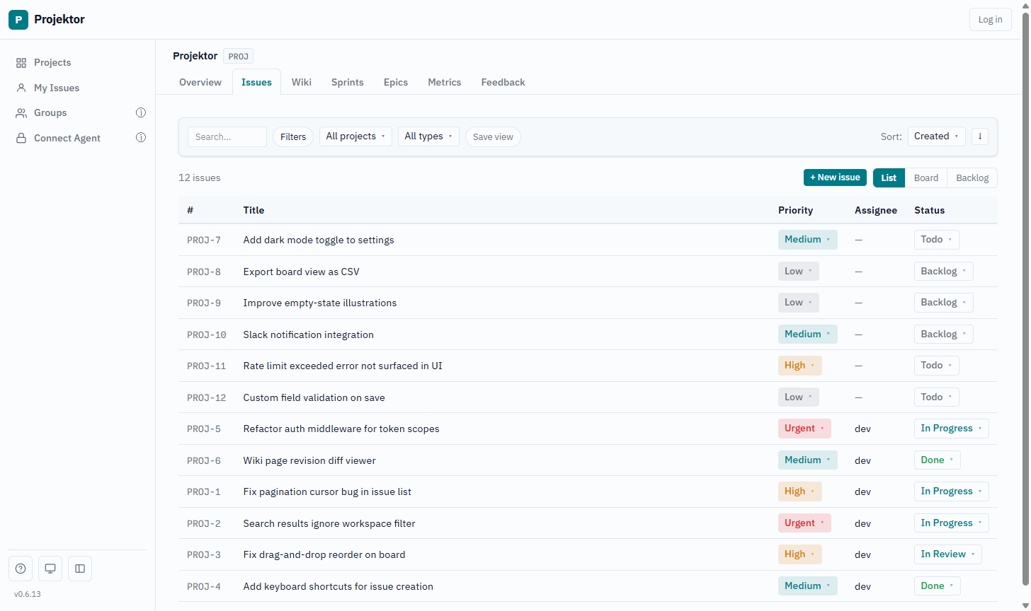Projektor issue backlog - list view with projects sidebar, issue refs, status, priority, and assignees