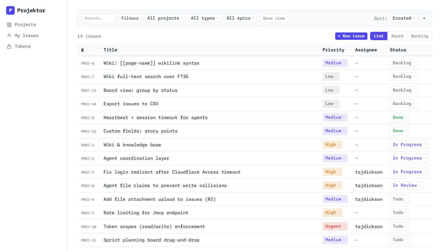 Projektor issue backlog - list view with projects sidebar, issue refs, status, priority, and assignees
