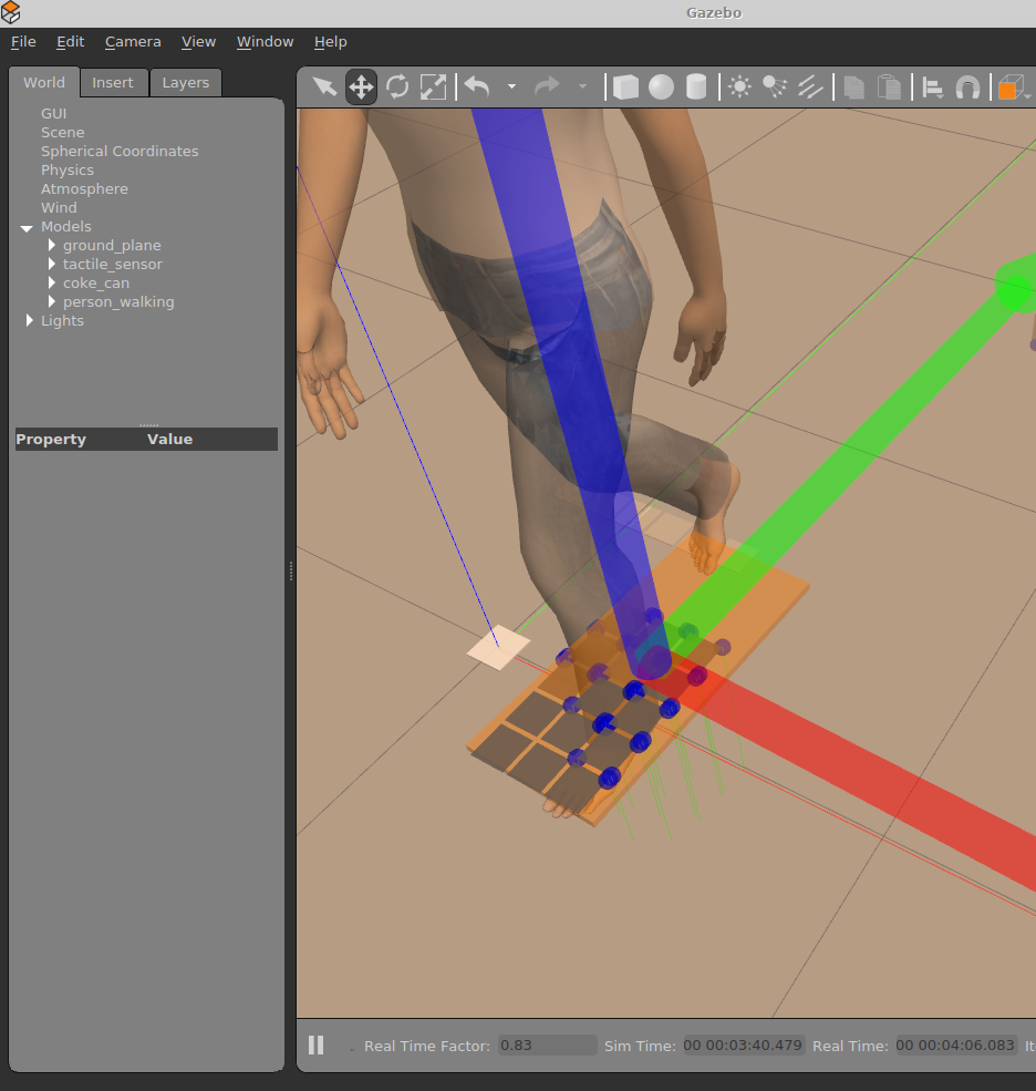 Gazebo screenshot with a person standing on the simulated tactile sensors