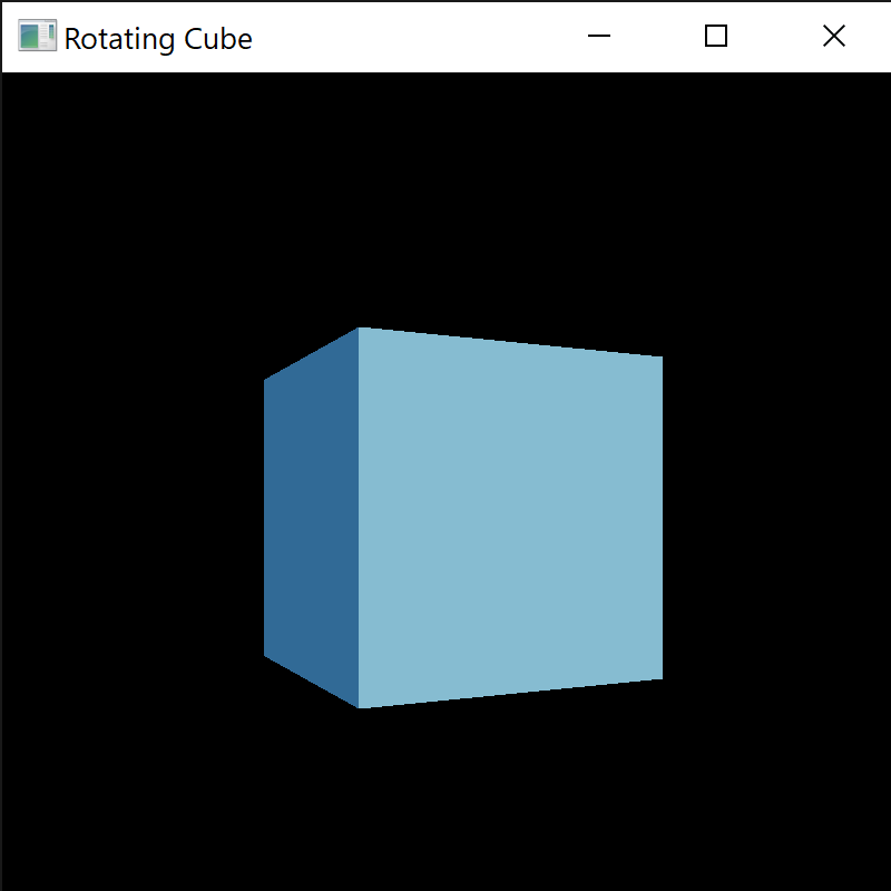 An OS window showing a cube in the middle of rotation