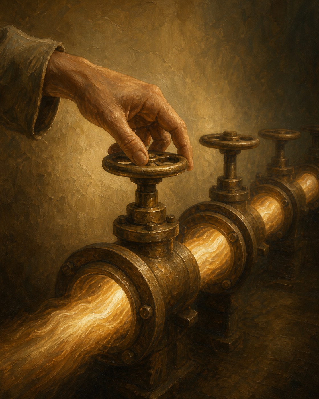 A warm oil painting of a hand reaching to turn one of several brass valves along a pipe carrying flowing golden light