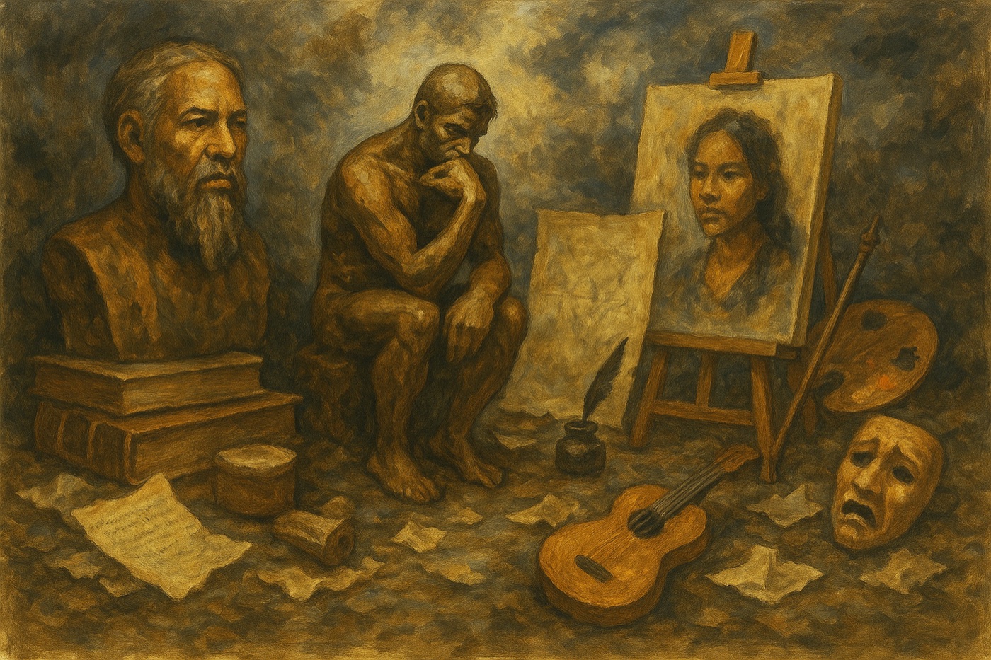 A warm painting of the humanities — a bust, a seated thinker, a portrait on an easel, a guitar, a theatre mask, and scattered manuscripts