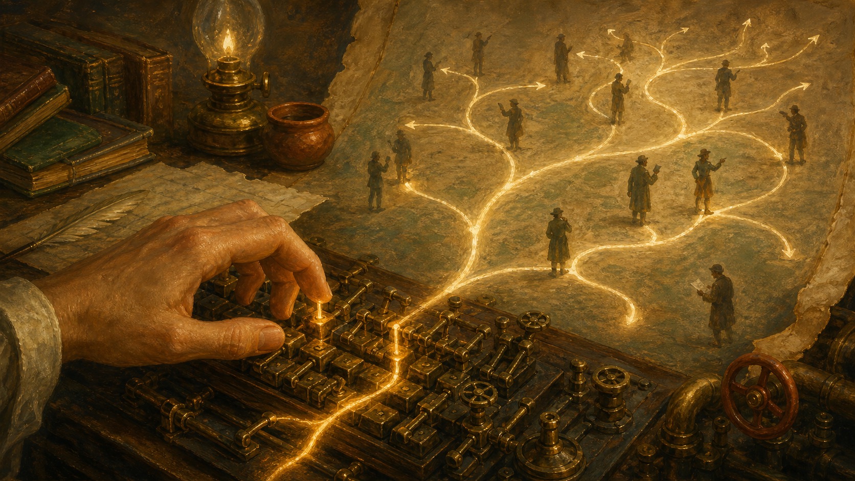 A hand at a keyboard whose keys are tiny brass levers, each keypress sending golden light down a branching track