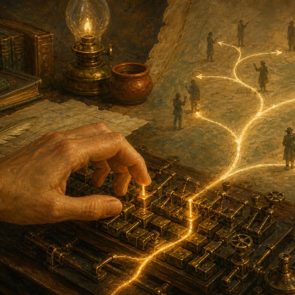 A hand at a keyboard whose keys are tiny brass levers, each keypress sending golden light down a branching track