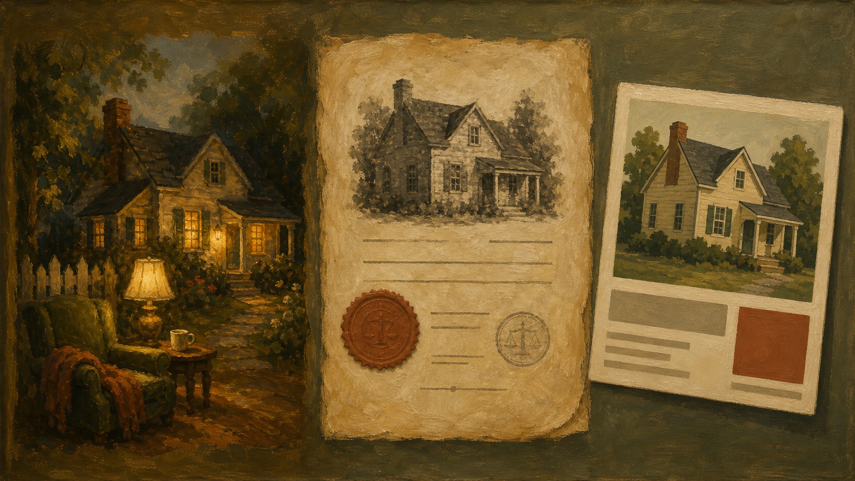 The same house painted three ways — warm cottage, notarized "residence," listing card — one denotation, three connotations