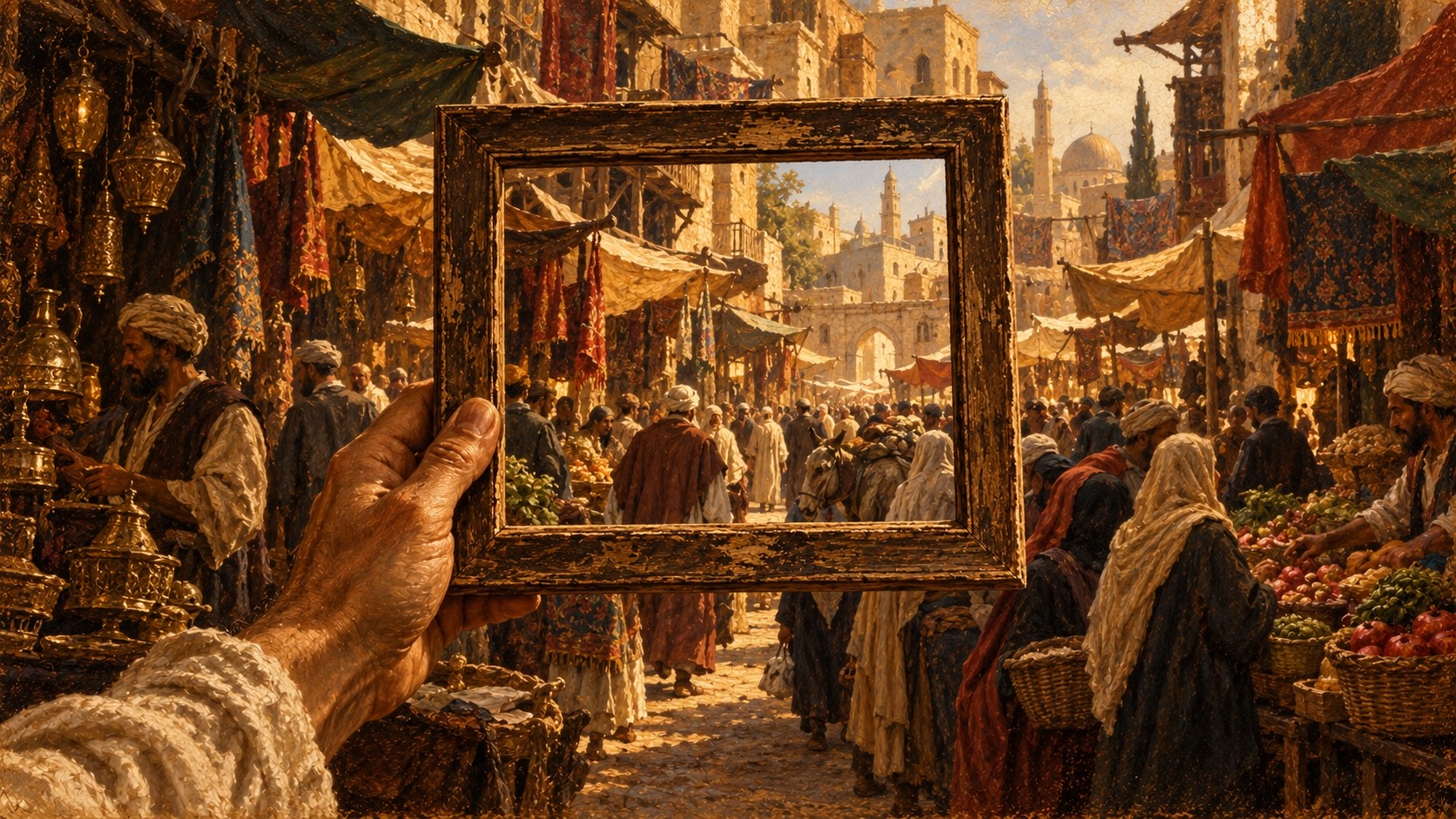 A hand holds an empty wooden picture frame up to a crowded market street; only a small slice of the scene falls inside it