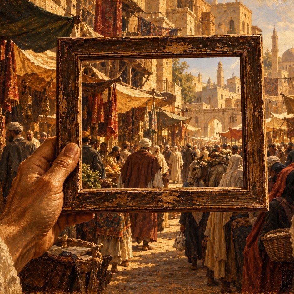 A hand holds an empty wooden picture frame up to a crowded market street; only a small slice of the scene falls inside it