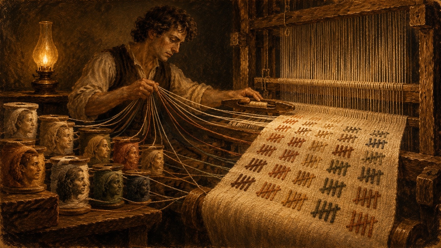 A weaver at a lamplit loom drawing threads from spools carved with faces; the cloth coming off the loom is woven in rows of tally marks