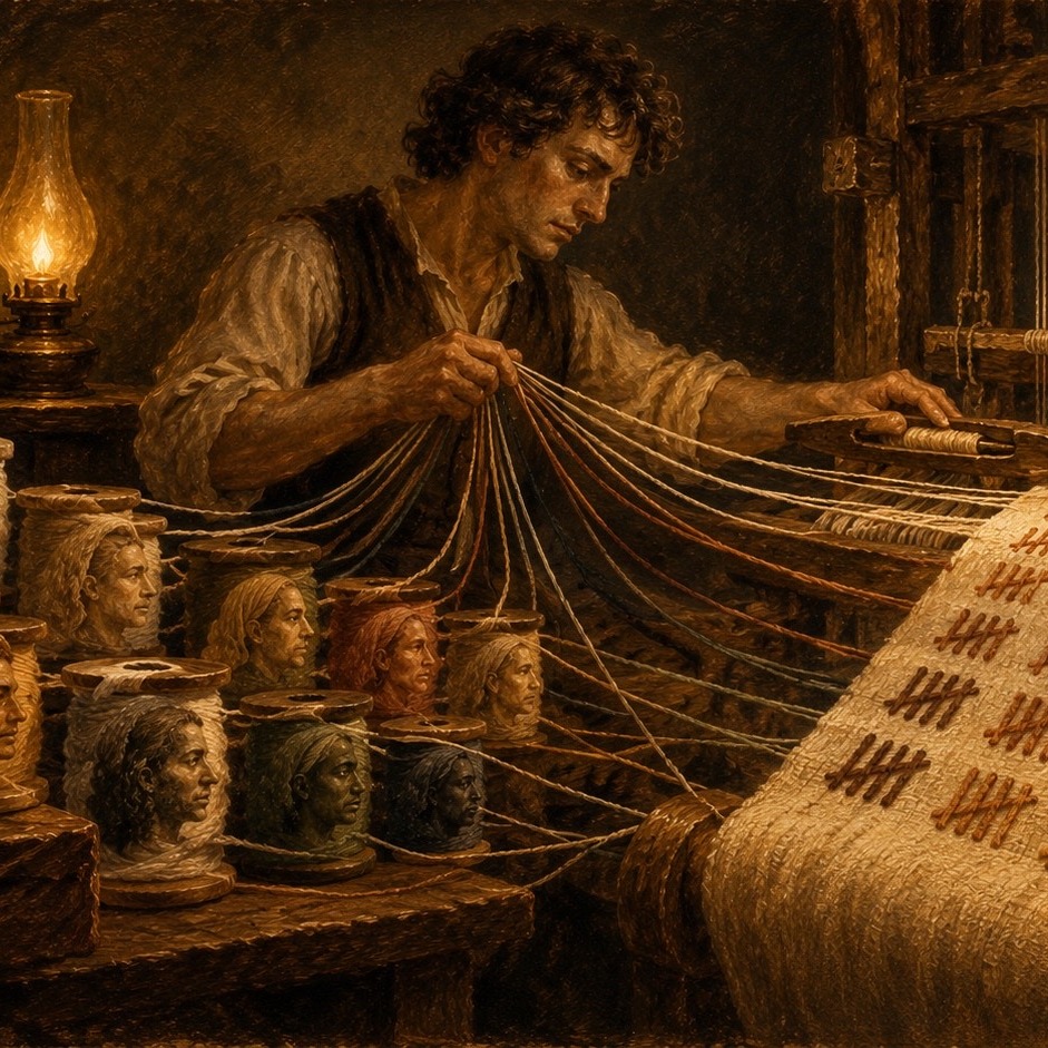 A weaver at a lamplit loom drawing threads from spools carved with faces; the cloth coming off the loom is woven in rows of tally marks