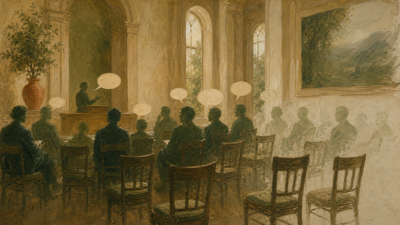 A hall of seated figures where several chairs are empty and some silhouettes are faint and half-painted — the uncounted