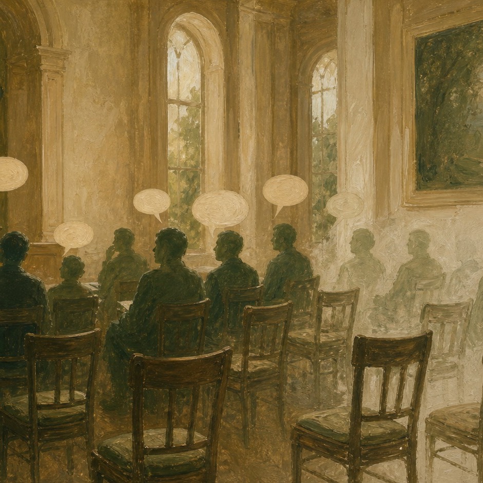 A hall of seated figures where several chairs are empty and some silhouettes are faint and half-painted — the uncounted