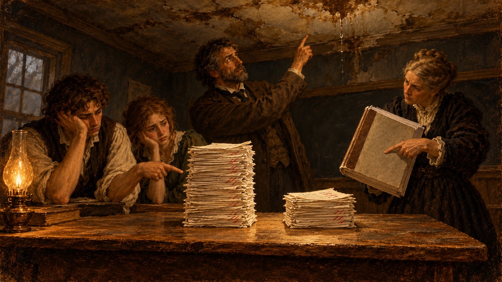 Two stacks of graded papers on a schoolroom table, one tall and one short; tired students, a man pointing at a leaking ceiling, and a woman pointing at a thick exam booklet each blame something different