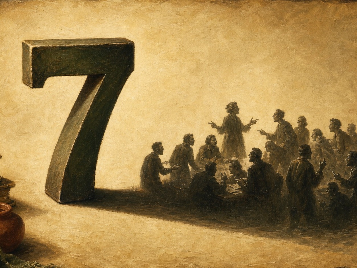 A printed numeral on parchment casting a shadow shaped like a crowd of arguing figures
