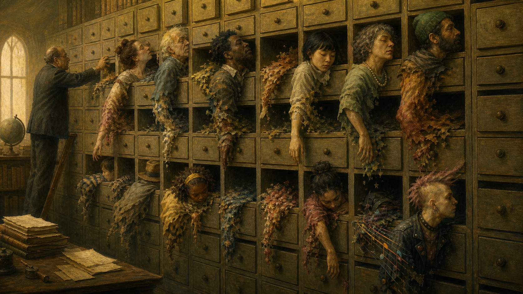 Varied human figures pressed into identical pigeonhole drawers, the parts that don't fit spilling over and fading