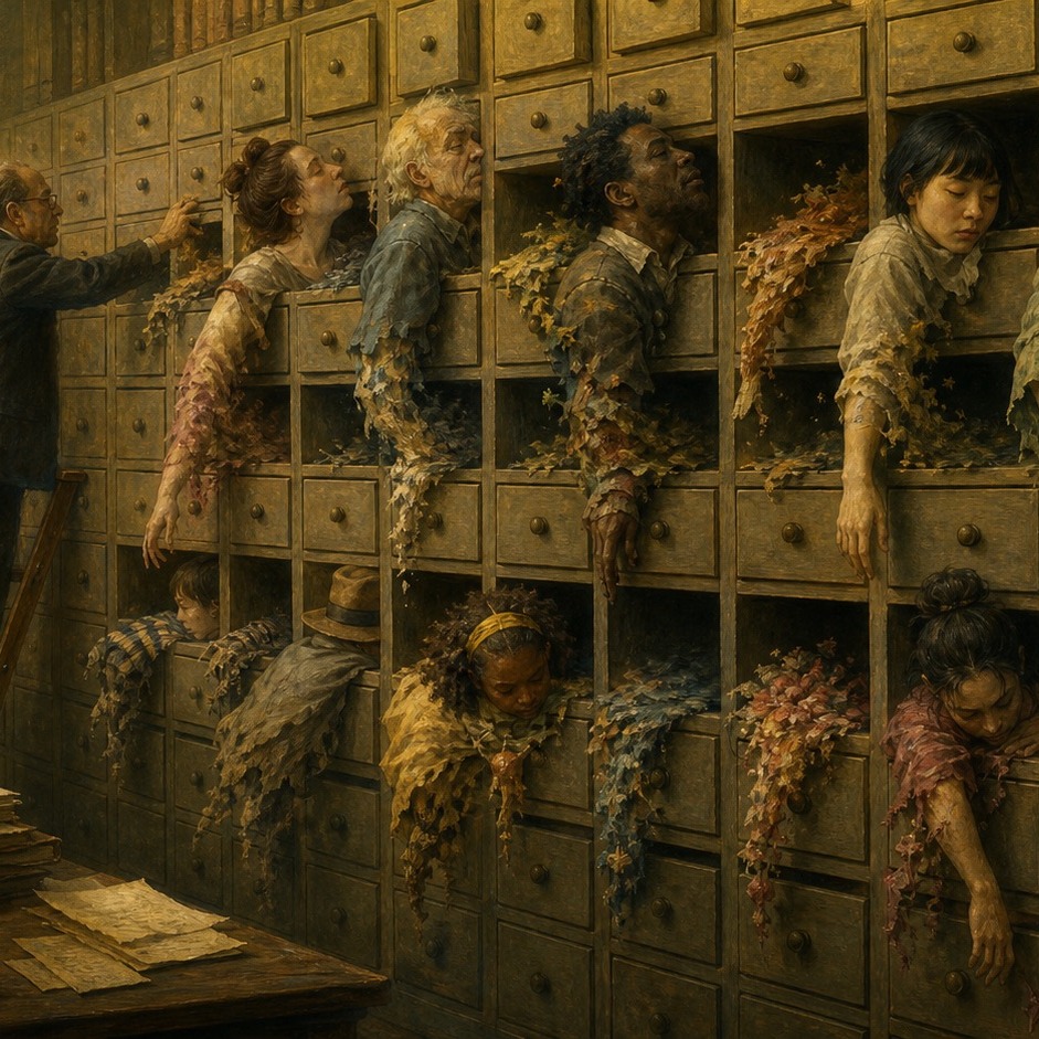 Varied human figures pressed into identical pigeonhole drawers, the parts that don't fit spilling over and fading