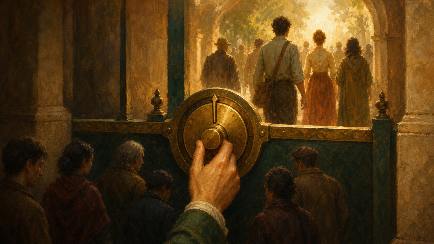 A hand turning a brass dial on a gate; people just above the mark pass into light, those just below are turned away