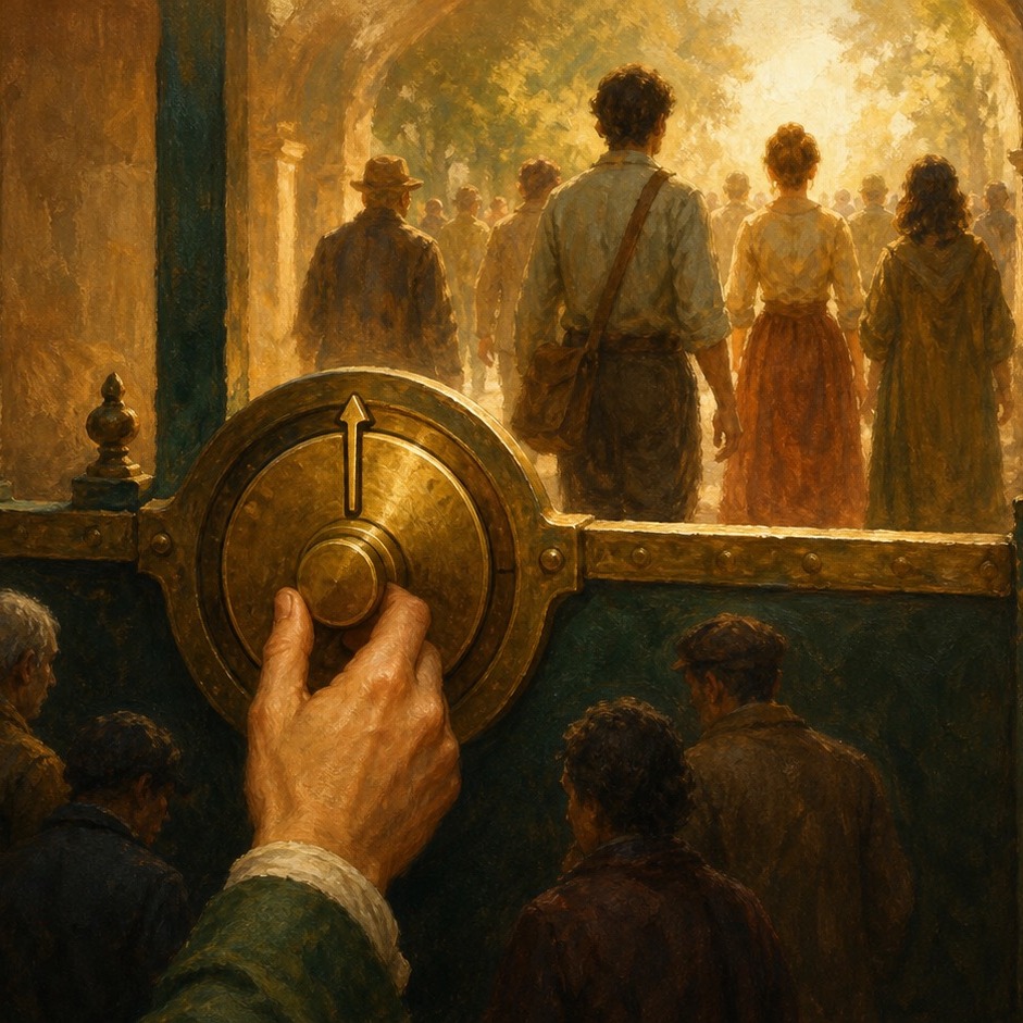 A hand turning a brass dial on a gate; people just above the mark pass into light, those just below are turned away