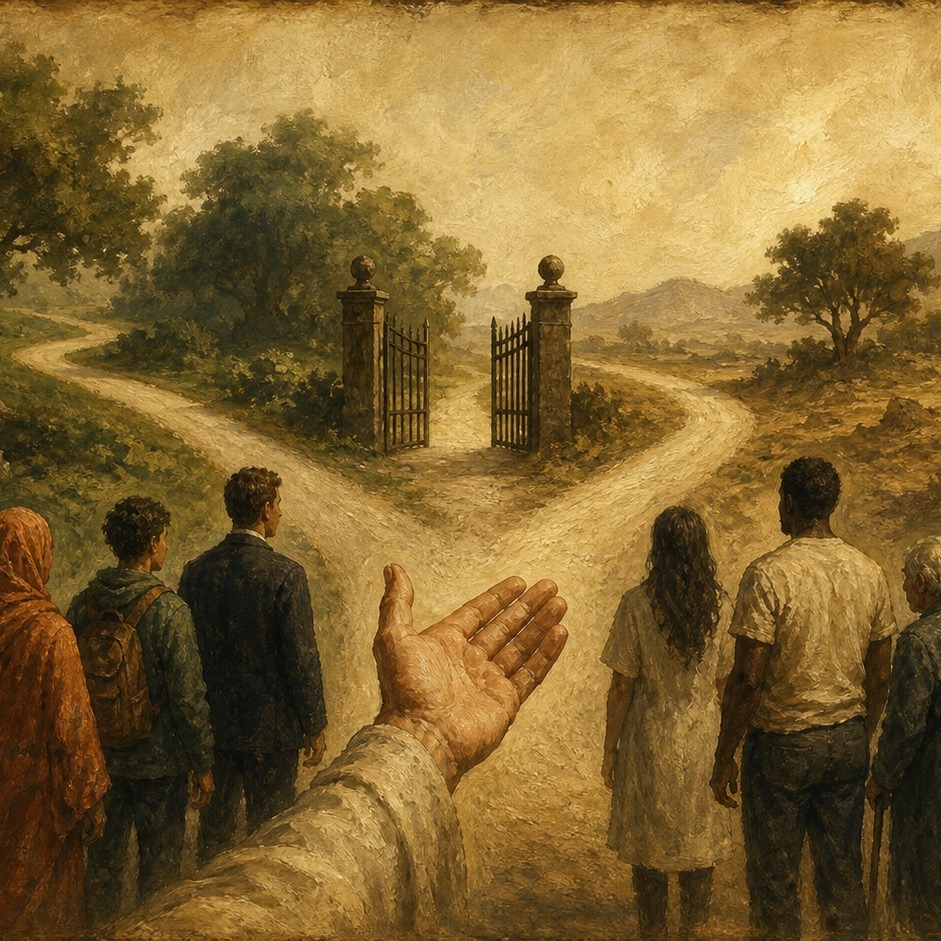 A road forking like an if/else branch, a gate at the split sorting a line of people left or right