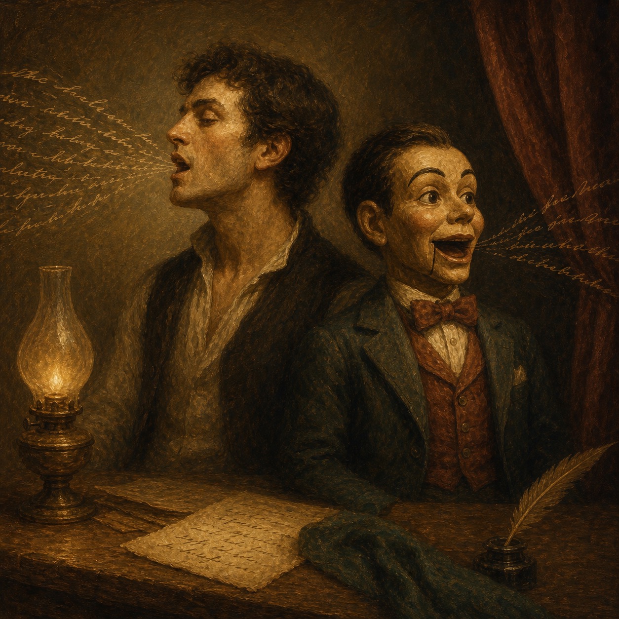 On one side a person speaking in their own hand; on the other a ventriloquist's dummy mouthing borrowed words