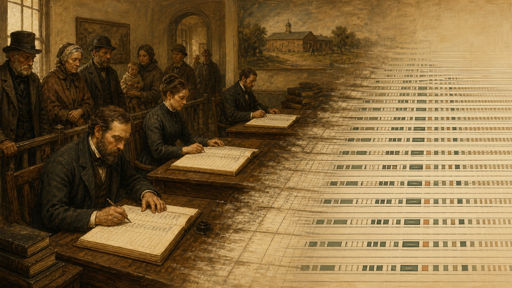 A 19th-century almshouse records office, clerks reducing waiting people to ledger entries that dissolve into modern data-rows