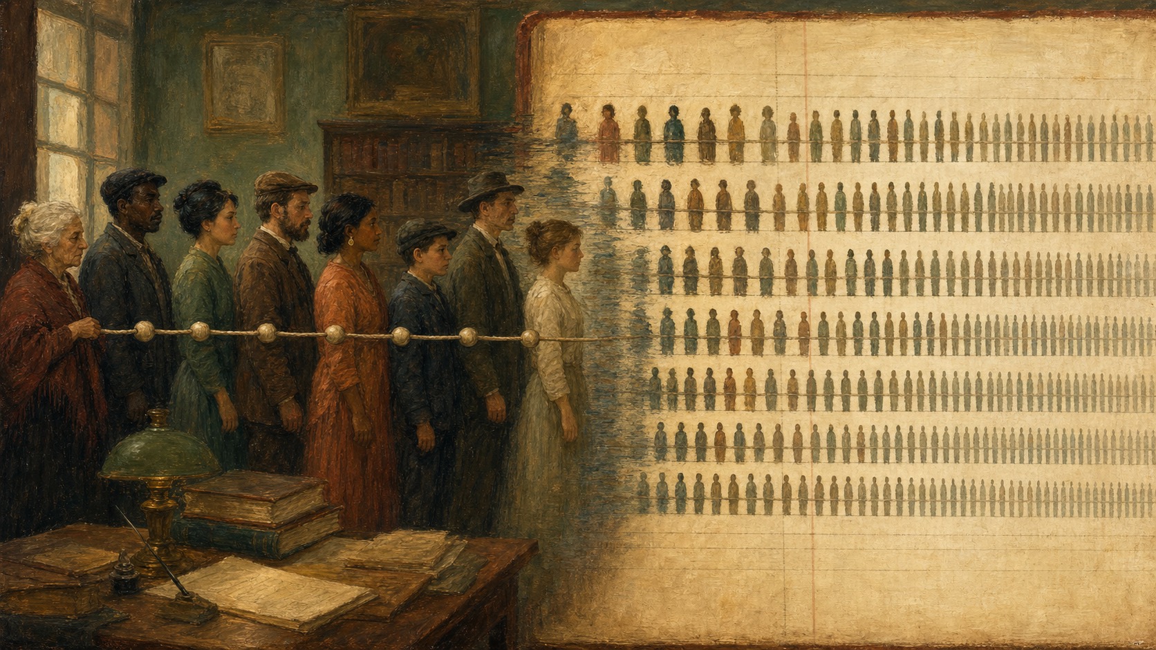 Distinct individuals being threaded onto one long ledger-line like beads, separate faces becoming rows in a register