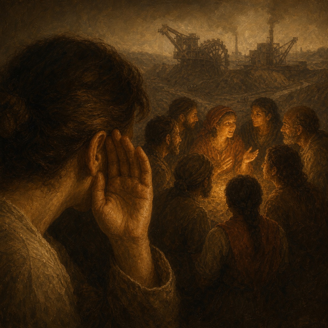 Hands cupped to listen toward a crowd of speaking figures, against faint mining machinery