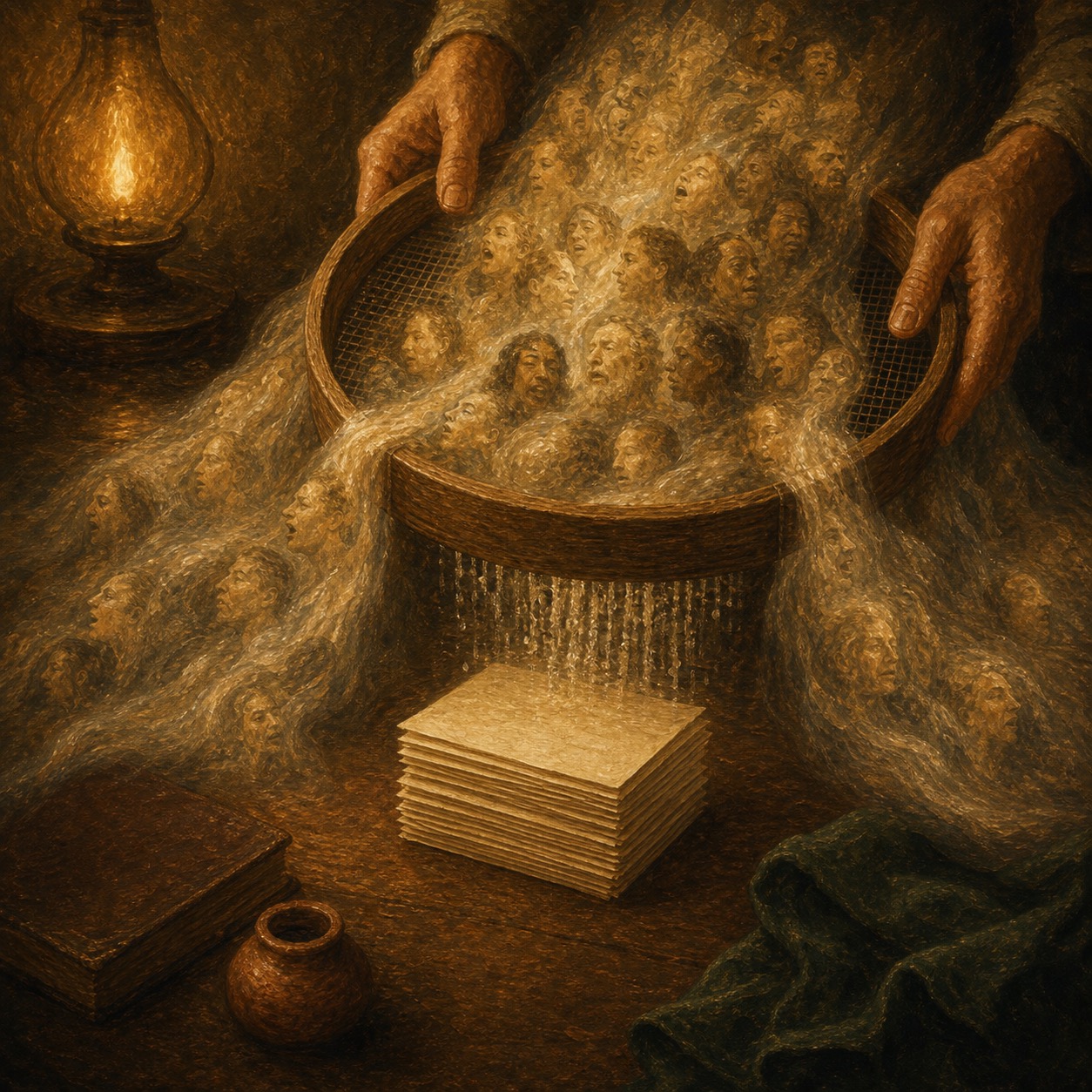 A river of faces pouring through a sieve that emits neat identical cards while most spills off uncaptured